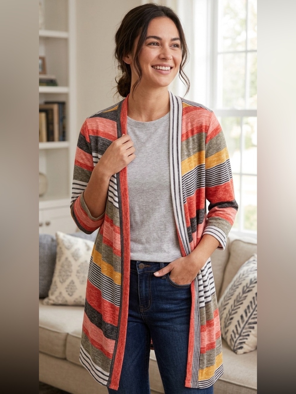 Open-Front Striped Women's Cardigan Sweater - Coral, Gray & Yellow